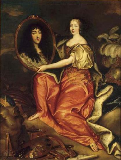 unknow artist Henriette d'Angleterre as Minerva holding a painting of her husband the Duke of Orleans Sweden oil painting art